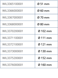WIL3365100001,  51 mm,WIL3366000001,  60 mm,WIL3367000001,  70 mm,WIL3368000001,  80 mm,WIL3370200001,   102 mm,WIL33   