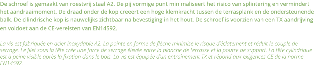 De schroef is gemaakt van roestvrij staal A2  De pijlvormige punt minimaliseert het risico van splintering en vermind   
