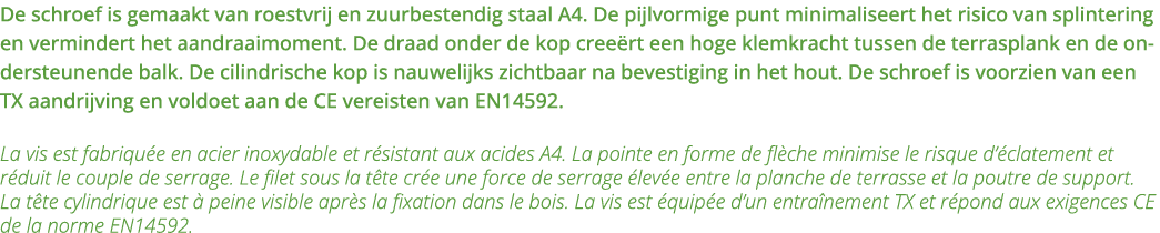 De schroef is gemaakt van roestvrij en zuurbestendig staal A4  De pijlvormige punt minimaliseert het risico van splin   