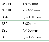 350 PH,1 x 80 mm ,350 PH,2 x 100 mm,334,6,5x150 mm,335,3x80 mm,335,4x100 mm,335,5,5x125 mm