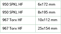 950 SPKL HF,6x172 mm,950 SPKL HF,8x195 mm,967 Torx HF,10x112 mm,967 Torx HF,25x154 mm