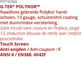 PIP16366 G-TEK  POLYKOR  Naadloos gebreide Polykor handschoen, 13 gauge, schuimnitril coating met duim index-versterk   