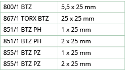 800 1 BTZ,5,5 x 25 mm,867 1 TORX BTZ,25 x 25 mm,851 1 BTZ PH,1 x 25 mm,851 1 BTZ PH,2 x 25 mm,855 1 BTZ PZ,1 x 25 mm,   