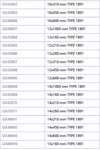 IZA32062,10x310 mm TYPE 1891,IZA32063,10x450 mm TYPE 1891,IZA36688,10x600 mm TYPE 1891,IZA36697,12x1000 mm TYPE 1891,   