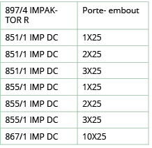 897 4 IMPAKTOR R,Porte- embout,851 1 IMP DC,1X25,851 1 IMP DC,2X25,851 1 IMP DC,3X25,855 1 IMP DC,1X25,855 1 IMP DC,2   