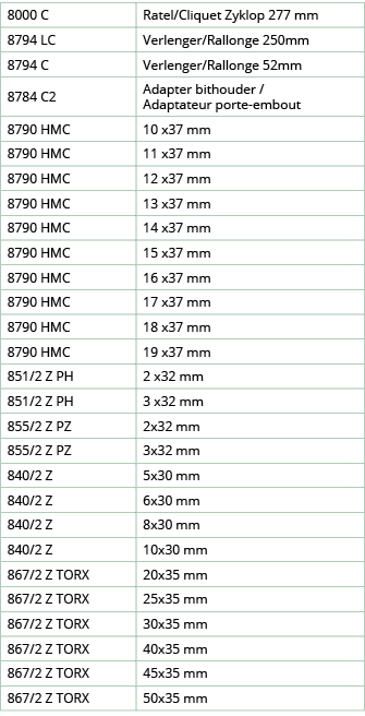 8000 C,Ratel Cliquet Zyklop 277 mm ,8794 LC,Verlenger Rallonge 250mm,8794 C,Verlenger Rallonge 52mm,8784 C2,Adapter b   