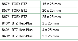 867 1 TORX BTZ,15 x 25 mm,867 1 TORX BTZ,20 x 25 mm,867 1 TORX BTZ,25 x 25 mm,840 1 BTZ Hex-Plus,3 x 25 mm,840 1 BTZ    