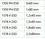 1550 PH ESD ,0x60 mm,1550 PH ESD ,1x80 mm,1578 A ESD,1,2x40 mm,1578 A ESD,1,5x40 mm,1578 A ESD,1,8x60 mm,1578 A ESD,2   