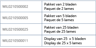 WIL0210500002,Pakket van 2 bladen Paquet de 2 lames,WIL0210500005,Pakket van 5 bladen Paquet de 5 lames,WIL0210500025   