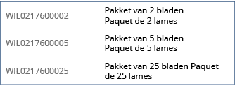 WIL0217600002,Pakket van 2 bladen Paquet de 2 lames,WIL0217600005,Pakket van 5 bladen Paquet de 5 lames,WIL0217600025   