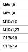 M6x1,0,M8x1,0,M10x1,0,M10x1,25,G1 8x28,G1 4x19