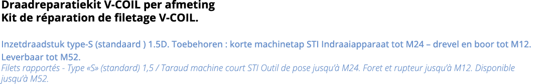 Draadreparatiekit V-COIL per afmeting Kit de r paration de filetage V-COIL  Inzetdraadstuk type-S (standaard ) 1 5D     