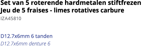 Set van 5 roterende hardmetalen stiftfrezen Jeu de 5 fraises - limes rotatives carbure IZA45810 D12 7x6mm 6 tanden D1   