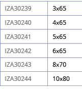 IZA30239,3x65,IZA30240,4x65,IZA30241,5x65,IZA30242,6x65,IZA30243,8x70,IZA30244,10x80