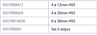 IDG7009412,4   12mm HSS,IDG7009420,4   20mm HSS,IDG70014630,6   30mm HSS,IDG70R003,Set 3 st pcs