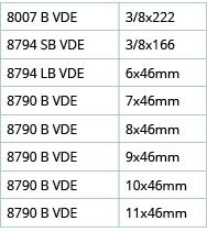 8007 B VDE,3 8x222,8794 SB VDE,3 8x166,8794 LB VDE,6x46mm,8790 B VDE,7x46mm,8790 B VDE,8x46mm,8790 B VDE,9x46mm,8790    