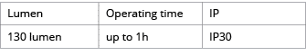 Lumen,Operating time,IP,130 lumen,up to 1h,IP30